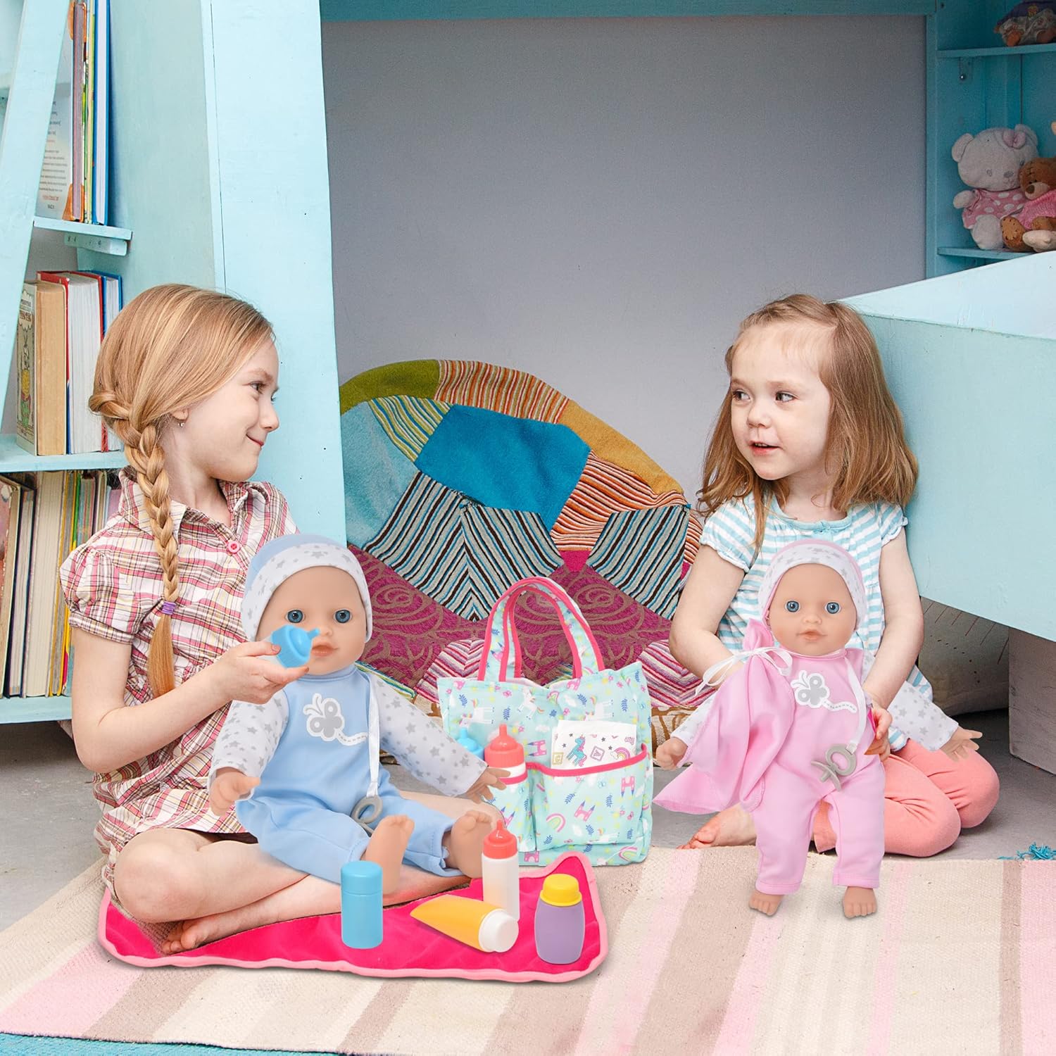 Gift Boutique Twin Baby Dolls with Accessories - Soft Body Girl & Baby Boy Dolls with Diaper Bag & Care Kit, Feeding Bottles, Pacifiers, Diaper & Changing Accessories for Toddlers & Kids