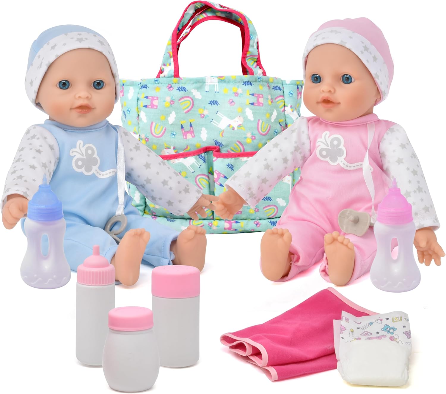Gift Boutique Twin Baby Dolls with Accessories - Soft Body Girl & Baby Boy Dolls with Diaper Bag & Care Kit, Feeding Bottles, Pacifiers, Diaper & Changing Accessories for Toddlers & Kids