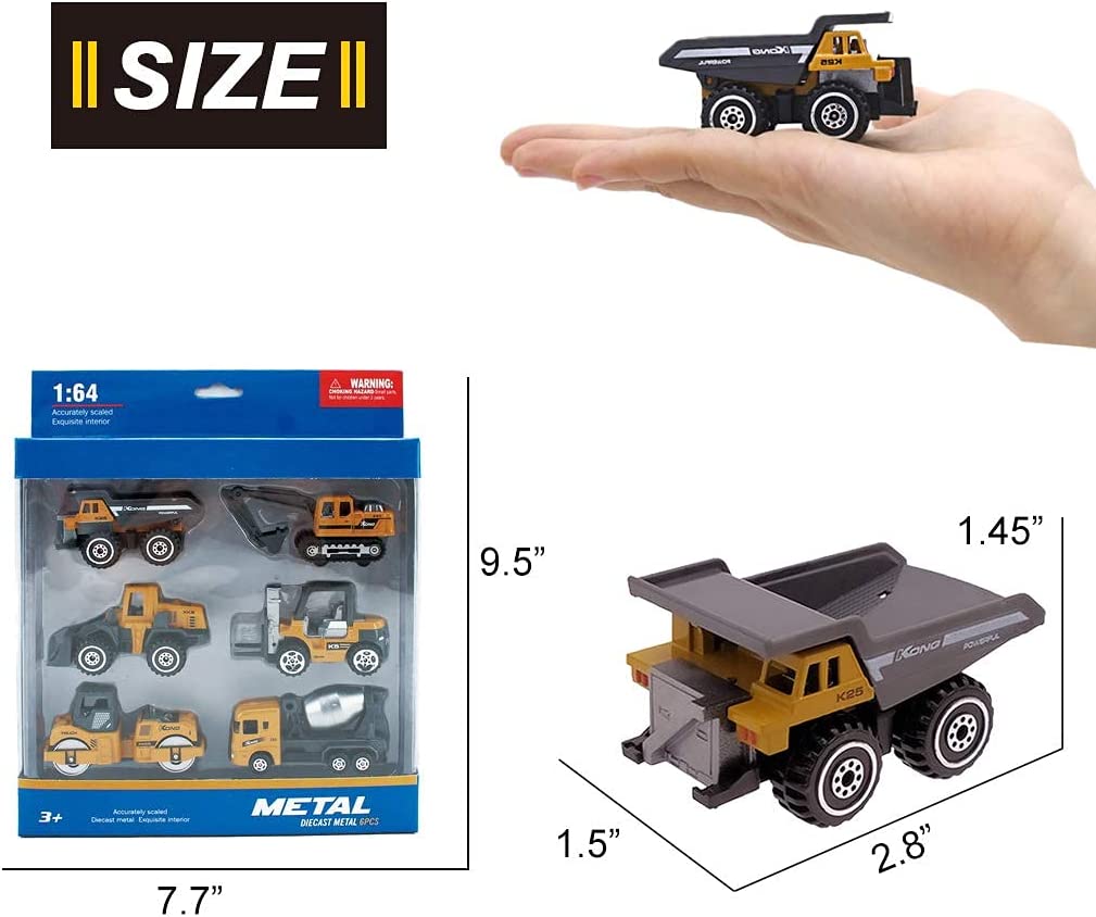 Kids Diecast Construction Vehicles Metal Engineering Cars Set Toys Play Trucks for Boys Age 3 4 Birthday Party Supplies Cake Topper (Pack of 6)