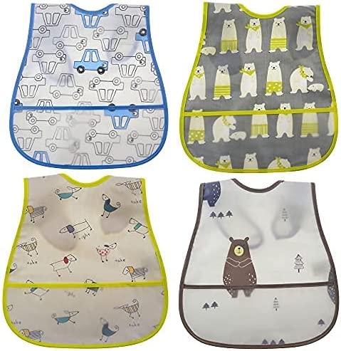 Baby Waterproof Bibs with Food Scraps Catcher Pocket Soft Adjustable Snaps Feeding Bibs For Infants Toddlers Boys and Girls Car Puppy Bear