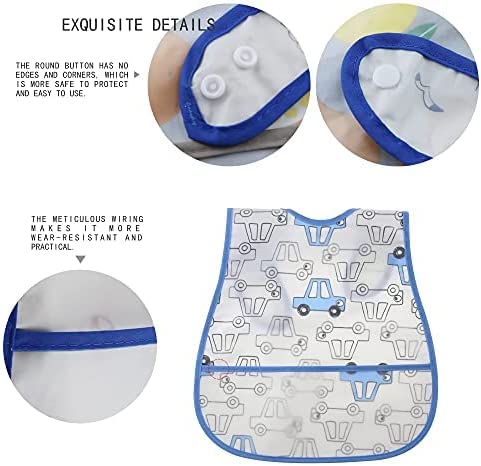 Baby Waterproof Bibs with Food Scraps Catcher Pocket Soft Adjustable Snaps Feeding Bibs For Infants Toddlers Boys and Girls Car Puppy Bear