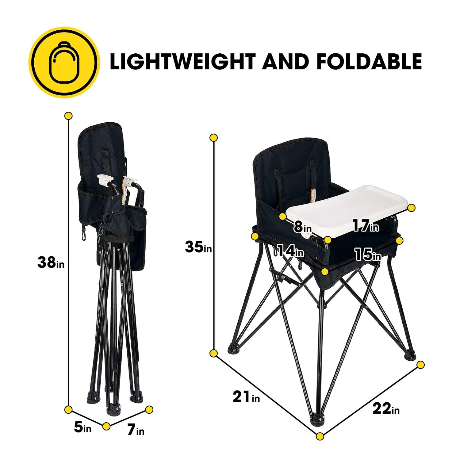 VEEYOO Baby High Chair with Removable Tray - Portable High Chair for Eating and Feeding, Indoor and Outdoor, Compact Fold, Black
