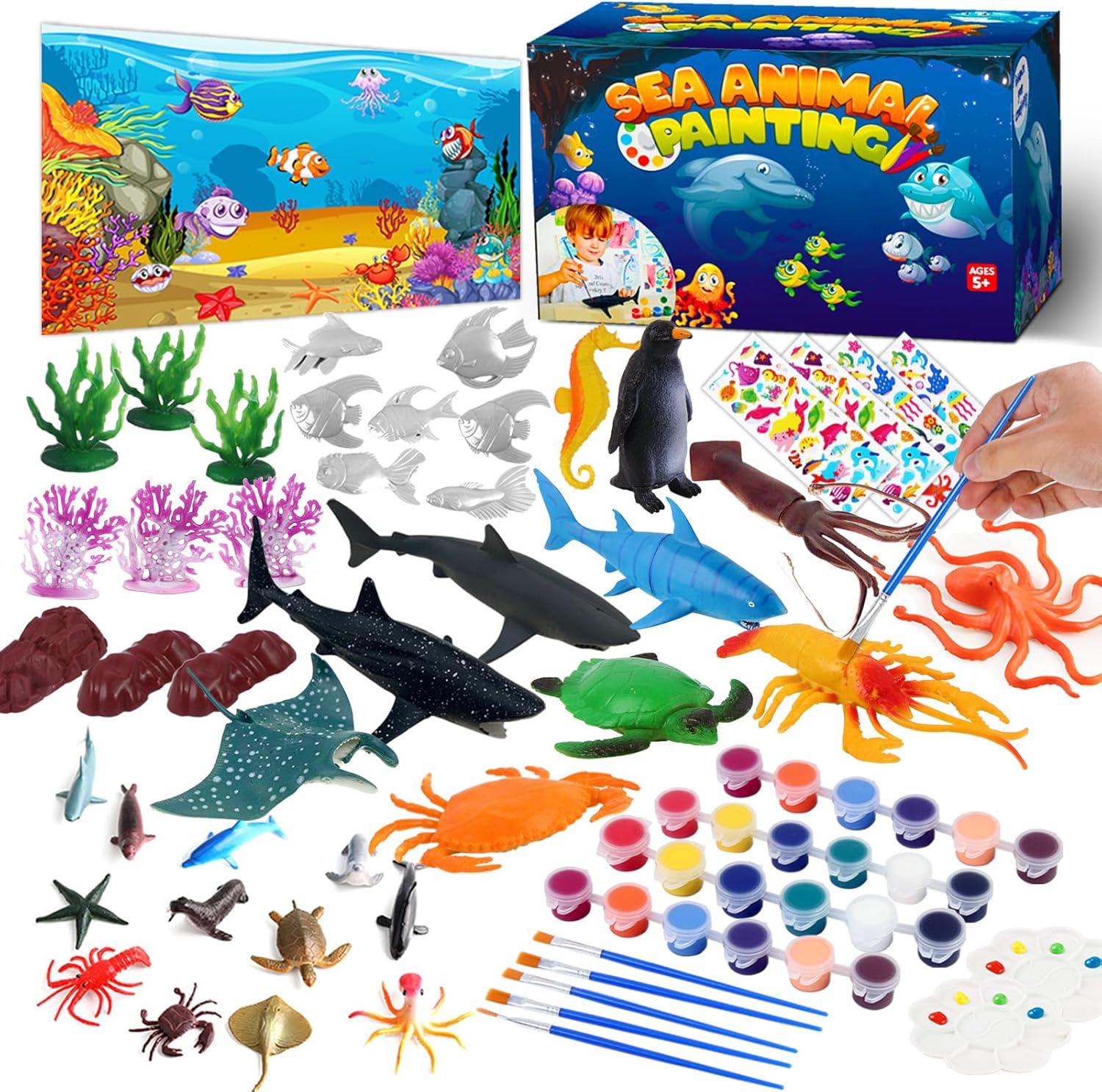 FUNZBO Sea Animals Painting Kits for Kids, Arts and Crafts with Art Supplies, Sea Creatures Ocean Paint Set, Summer Toy Toddlers Boys Girls Ages 3 4 5 6 7 8 Birthday Gift Party Favors Sea Animals Large