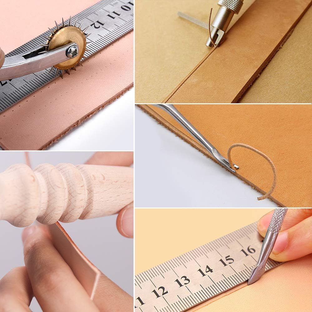 ELECTOP 31 Pcs Leather Sewing Tools DIY Leather Craft Tools Hand Stitching Tool Set with Groover Awl Waxed Thread Thimble Kit