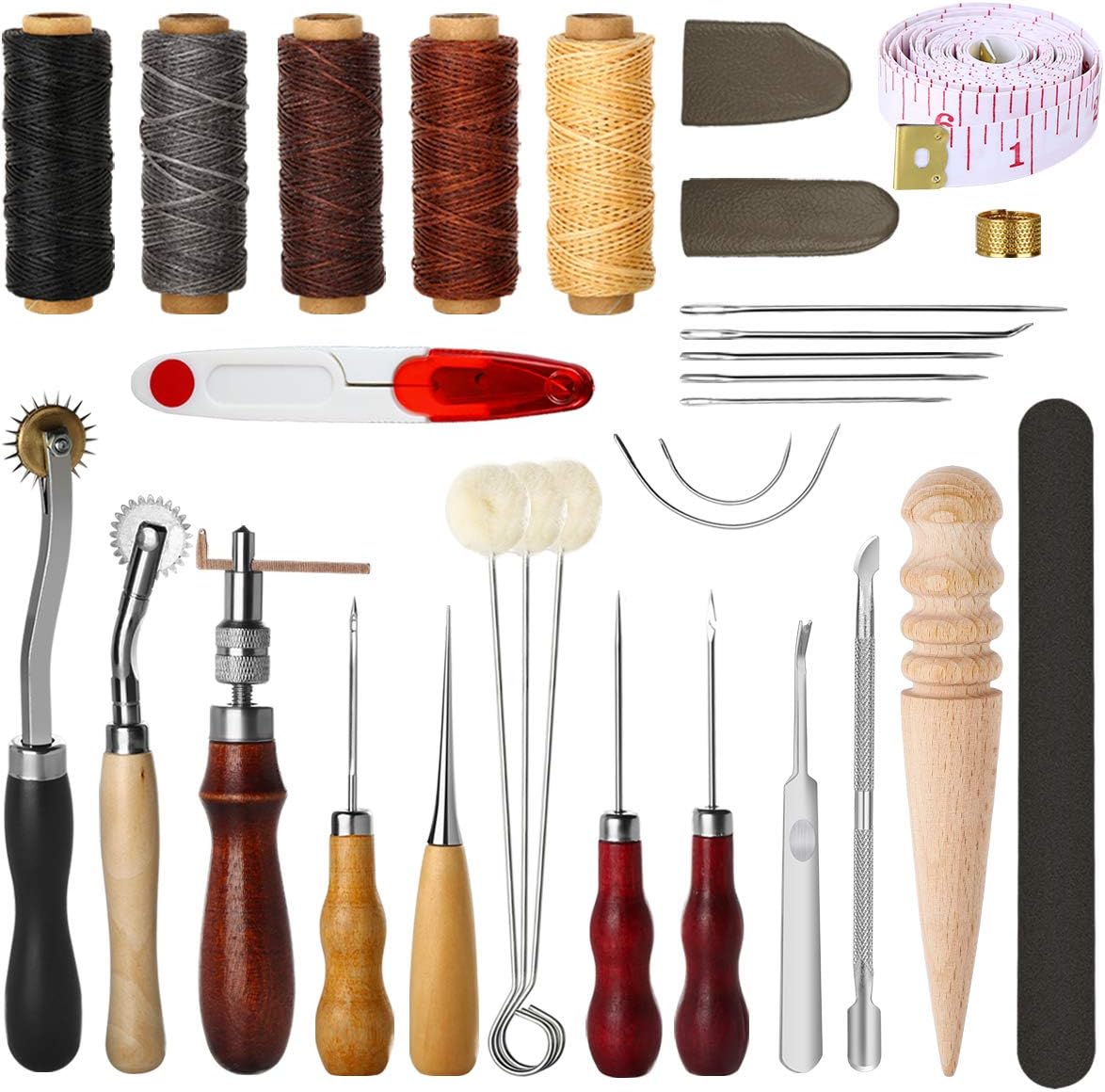 ELECTOP 31 Pcs Leather Sewing Tools DIY Leather Craft Tools Hand Stitching Tool Set with Groover Awl Waxed Thread Thimble Kit