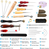 ELECTOP 31 Pcs Leather Sewing Tools DIY Leather Craft Tools Hand Stitching Tool Set with Groover Awl Waxed Thread Thimble Kit