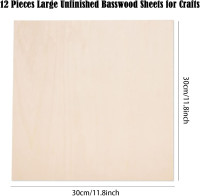 12 Pack Basswood Sheets for Crafts-12 x 12 x 1/8 Inch- 3mm Thick Plywood Sheets with Smooth Surfaces-Unfinished Squares Wood Boards for Laser Cutting, Wood Burning, Architectural Models, Staining 12 x 12 inch