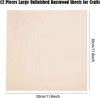 12 Pack Basswood Sheets for Crafts-12 x 12 x 1/8 Inch- 3mm Thick Plywood Sheets with Smooth Surfaces-Unfinished Squares Wood Boards for Laser Cutting, Wood Burning, Architectural Models, Staining 12x12 Inch