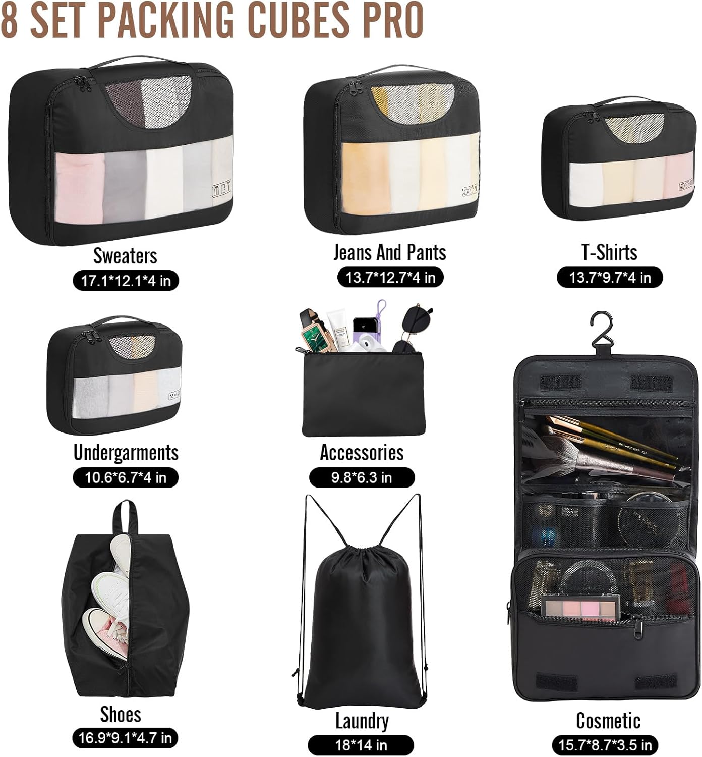 Veken 8 Set Packing Cubes for Travel Essentials, Suitcase Organizer Bags Set for Luggage, Road Trip Travel Accessories in 4 Sizes (Extra Large, Large, Medium, Small), Black 01-Black 8 Set