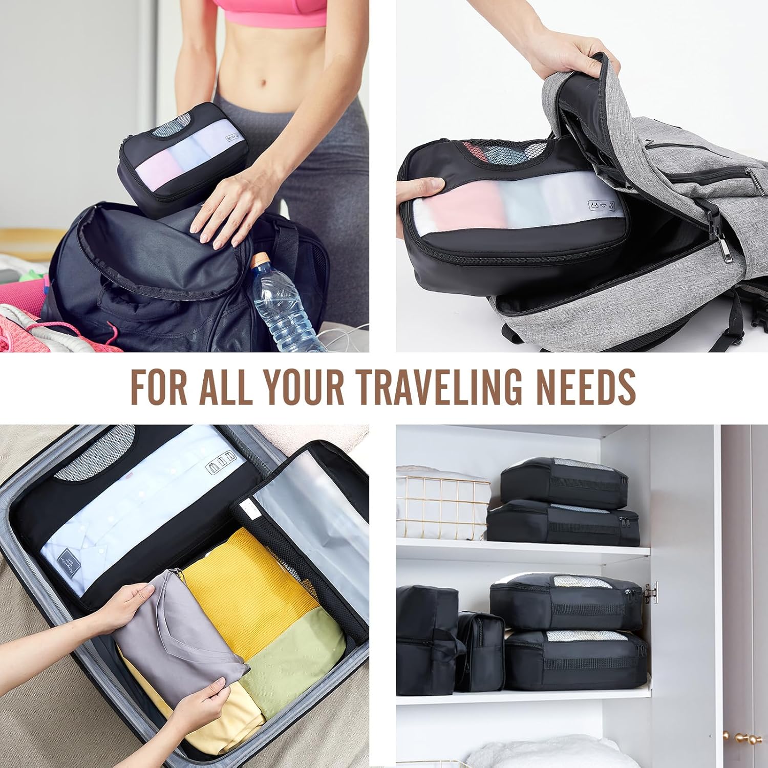 Veken 8 Set Packing Cubes for Travel Essentials, Suitcase Organizer Bags Set for Luggage, Road Trip Travel Accessories in 4 Sizes (Extra Large, Large, Medium, Small), Black 01-Black 8 Set