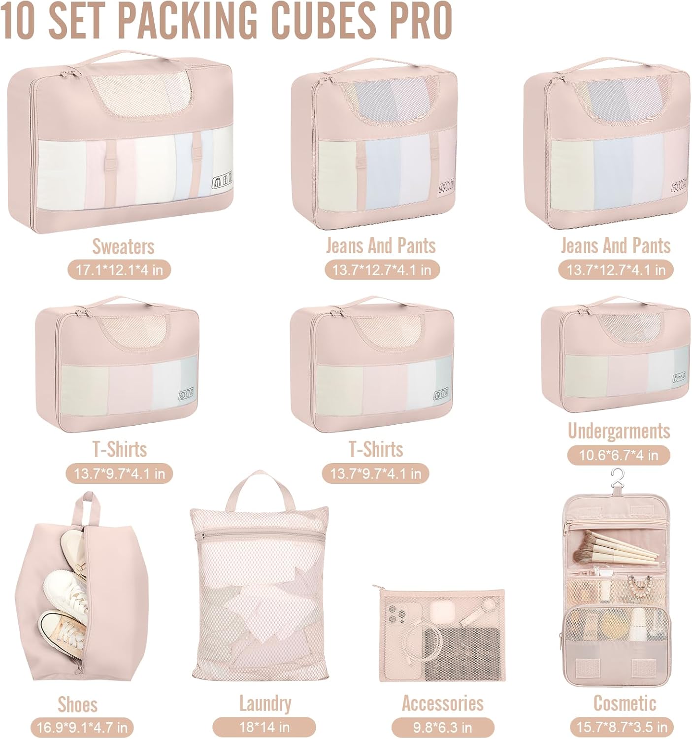 Veken 10 Set Packing Cubes for Travel, Beach Vacation Essentials Accessories for Cruise Ship, Suitcase Organizer Bags for Luggage with Hanging Toiletry & Shoe Bag, Birthday Gifts for Women Mom Her 10-Cream 10 Set