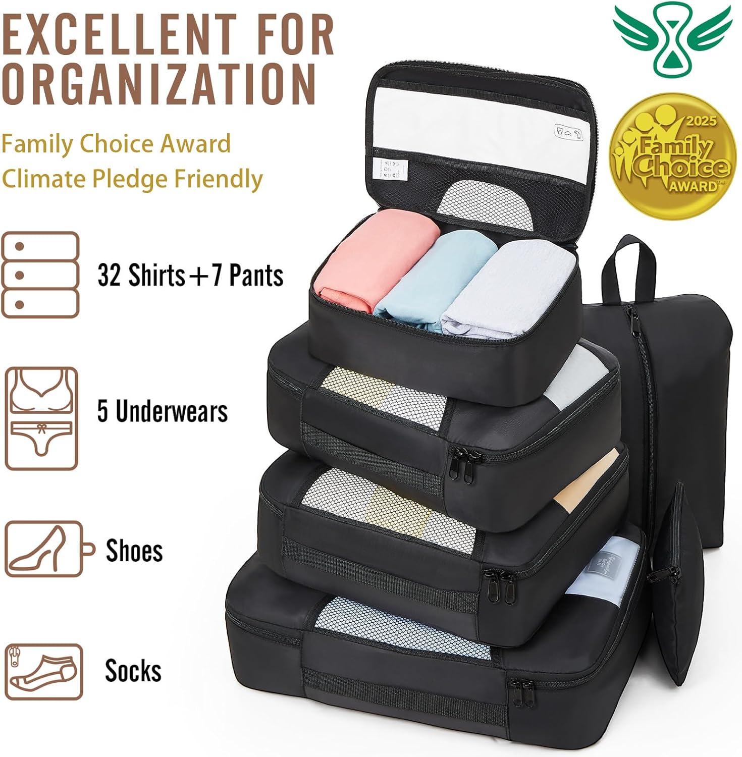 Veken 8 Set Packing Cubes for Travel Essentials, Suitcase Organizer Bags Set for Luggage, Road Trip Travel Accessories in 4 Sizes (Extra Large, Large, Medium, Small), Black 01-Black 8 Set