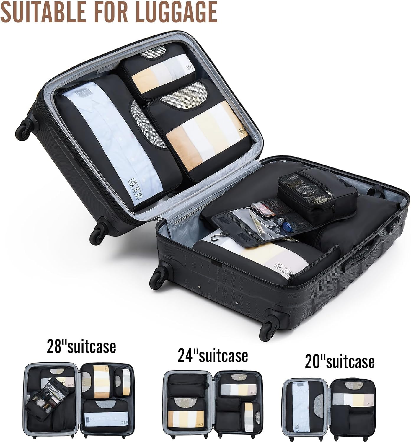 Veken 8 Set Packing Cubes for Travel Essentials, Suitcase Organizer Bags Set for Luggage, Road Trip Travel Accessories in 4 Sizes (Extra Large, Large, Medium, Small), Black 01-Black 8 Set