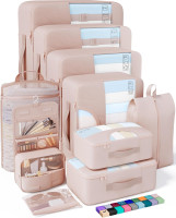 Veken 10 Set Packing Cubes for Travel, Beach Vacation Essentials Accessories for Cruise Ship, Suitcase Organizer Bags for Luggage with Hanging Toiletry & Shoe Bag, Birthday Gifts for Women Mom Her 10-Cream 10 Set