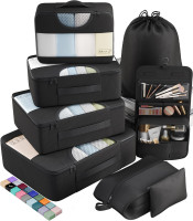 Veken 8 Set Packing Cubes for Travel Essentials, Suitcase Organizer Bags Set for Luggage, Road Trip Travel Accessories in 4 Sizes (Extra Large, Large, Medium, Small), Black 01-Black 8 Set