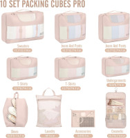 Veken 10 Set Packing Cubes for Travel, Beach Vacation Essentials Accessories for Cruise Ship, Suitcase Organizer Bags for Luggage with Hanging Toiletry & Shoe Bag, Birthday Gifts for Women Mom Her 10-Cream 10 Set
