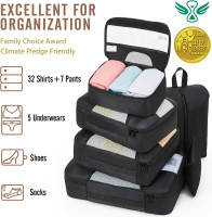 Veken 8 Set Packing Cubes for Travel Essentials, Suitcase Organizer Bags Set for Luggage, Road Trip Travel Accessories in 4 Sizes (Extra Large, Large, Medium, Small), Black 01-Black 8 Set