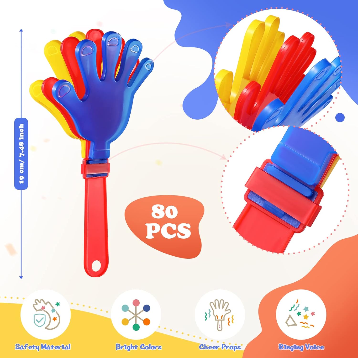 Sratte 80 Pcs 7.5 Inch Hand Clappers Noisemakers Bulk Clappers Noisemakers Party Favors Mini Hand Soundboard Plastic Noise Makers for Sporting Events Fiesta Birthday Game Rewards Cheers Supplies