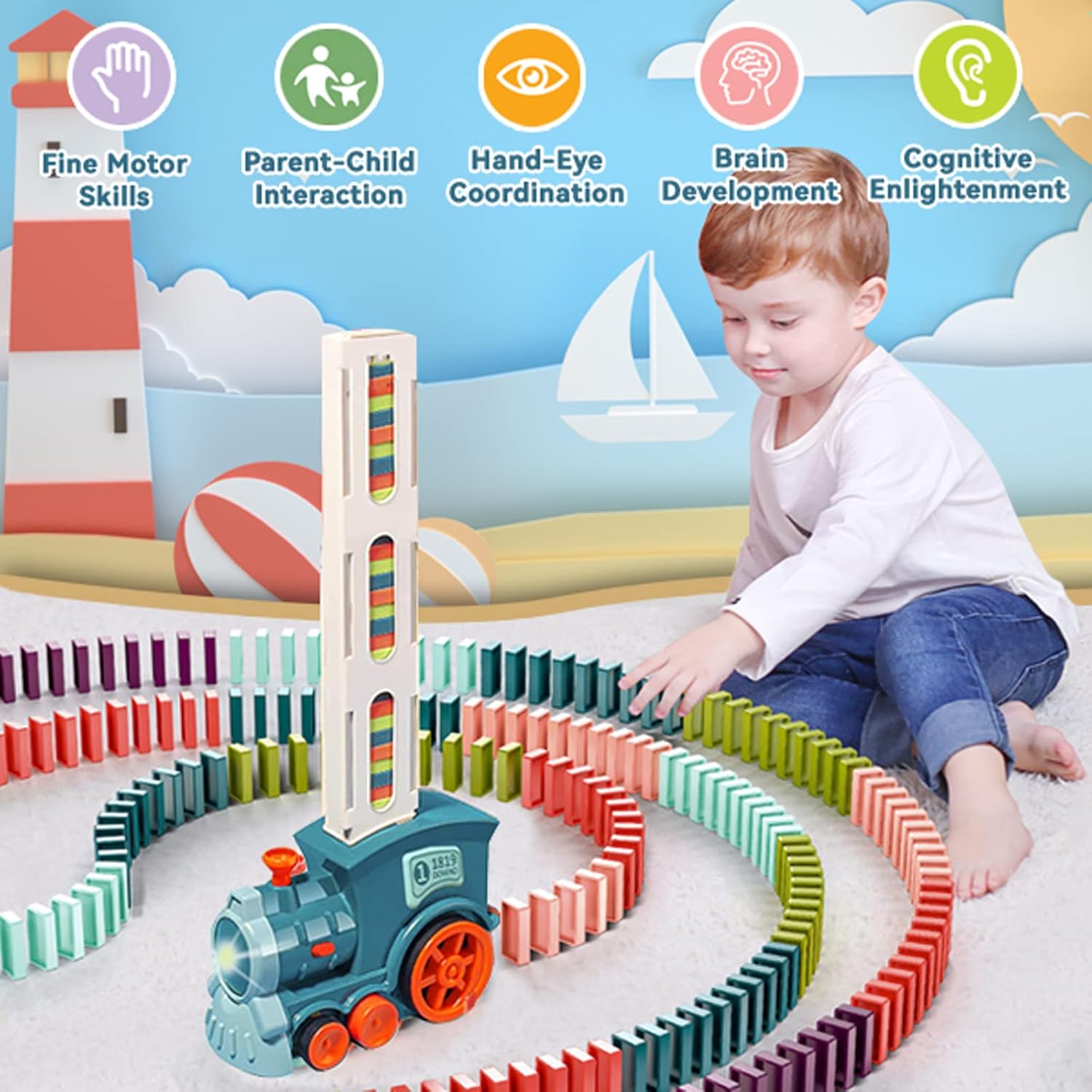 Domino Train Toy Set for Kids, 100 Pcs Automatic Dominoes Blocks Building and Stacking Toys Creative Kids Games Early Education Christmas Birthday Gift Boys Girls Age 3 4 5 6 Year Old (Cyan)
