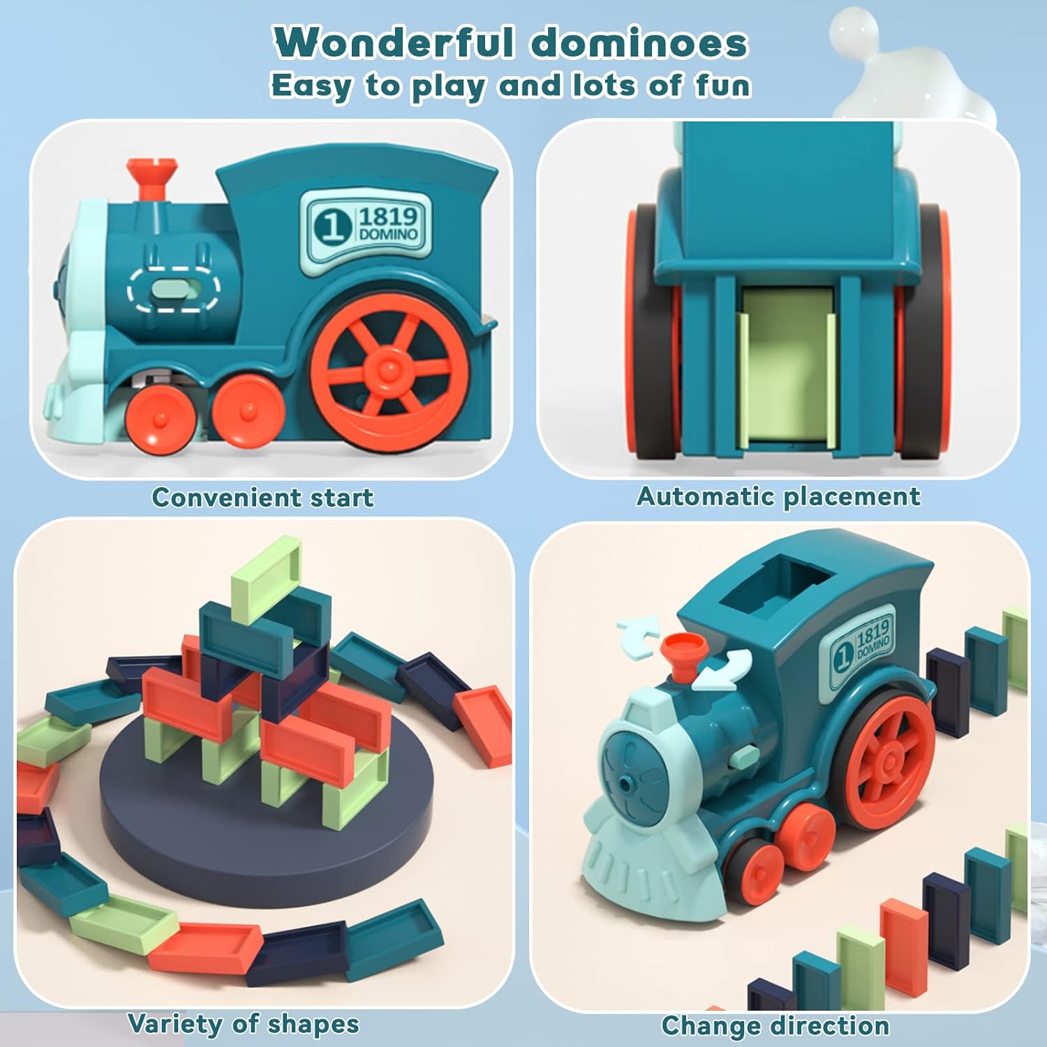 Domino Train Toy Set for Kids, 100 Pcs Automatic Dominoes Blocks Building and Stacking Toys Creative Kids Games Early Education Christmas Birthday Gift Boys Girls Age 3 4 5 6 Year Old (Cyan)
