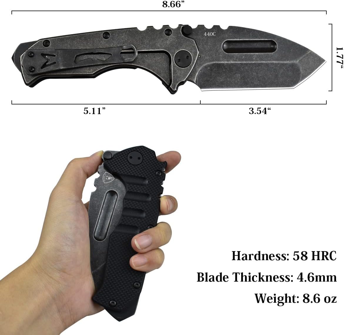 AUBEY Folding Pocket Knife with Tanto Tumbled 440C Steel Blade, Frame Lock, Black G10 Handle, Clip, Glass Breaker, Heavy Duty EDC Knife for Men Hunting, Magic Axe A-Black Demon Axe