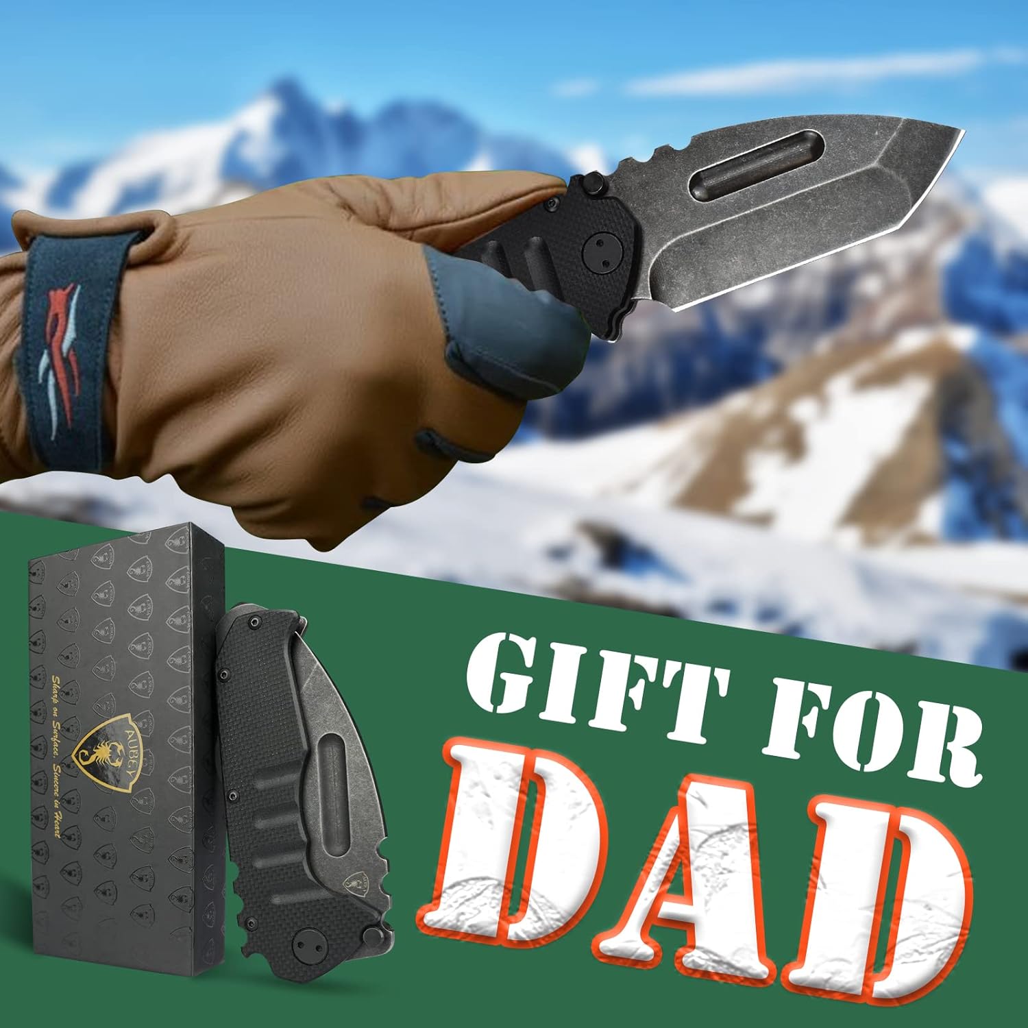 AUBEY Folding Pocket Knife with Tanto Tumbled 440C Steel Blade, Frame Lock, Black G10 Handle, Clip, Glass Breaker, Heavy Duty EDC Knife for Men Hunting, Magic Axe A-Black Demon Axe