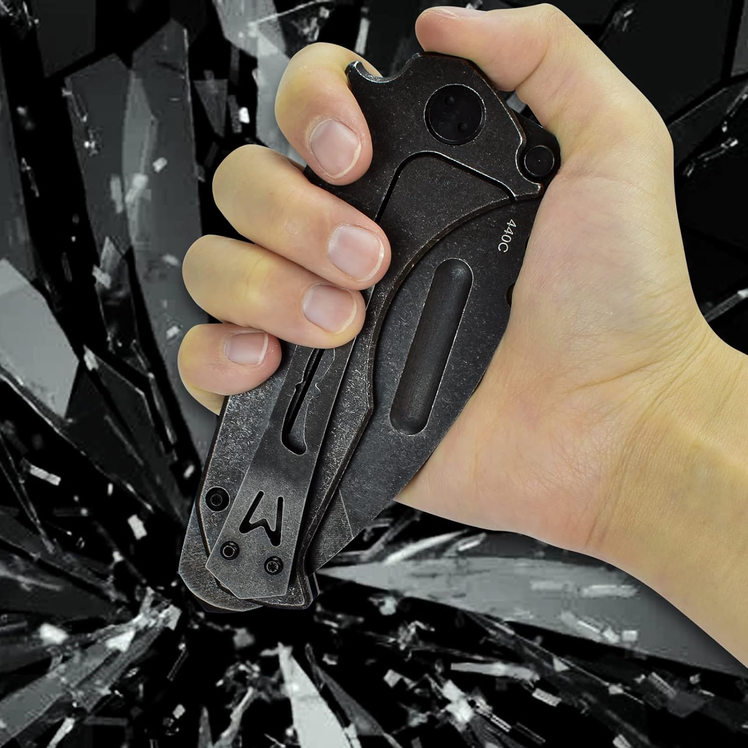 AUBEY Folding Pocket Knife with Tanto Tumbled 440C Steel Blade, Frame Lock, Black G10 Handle, Clip, Glass Breaker, Heavy Duty EDC Knife for Men Hunting, Magic Axe A-Black Demon Axe