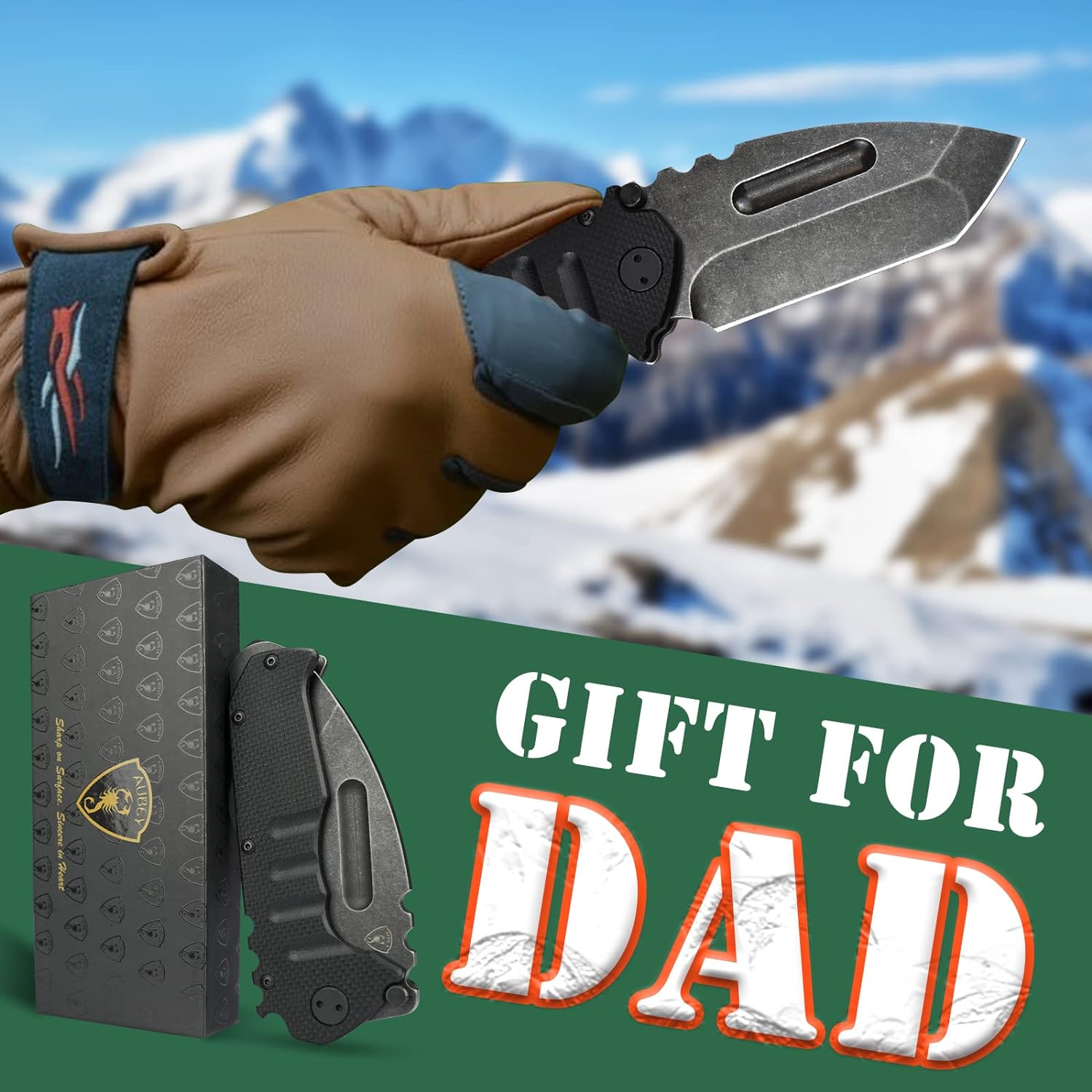 AUBEY Folding Pocket Knife with Tanto Tumbled 440C Steel Blade, Frame Lock, Black G10 Handle, Clip, Glass Breaker, Heavy Duty EDC Knife for Men Hunting, Magic Axe A-Black Demon Axe