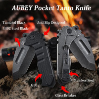 AUBEY Folding Pocket Knife with Tanto Tumbled 440C Steel Blade, Frame Lock, Black G10 Handle, Clip, Glass Breaker, Heavy Duty EDC Knife for Men Hunting, Magic Axe A-Black Demon Axe