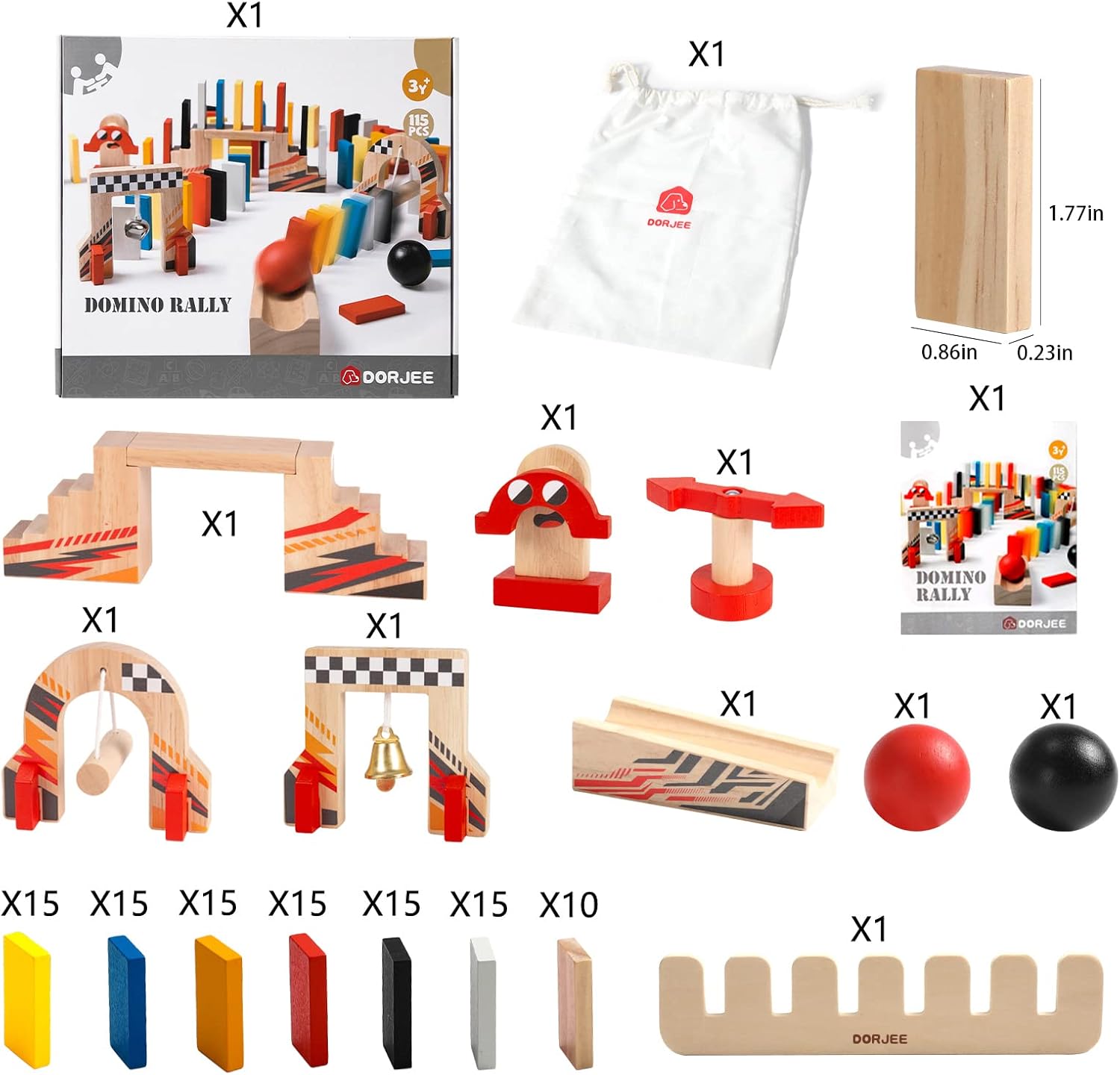 Dorjee Domino Rally Game Set, 115pcs Wooden Dominoes with Machines for Kids Age 4-8, Bulk Dominoes Racing Tile Games with Storage Tray and Bags