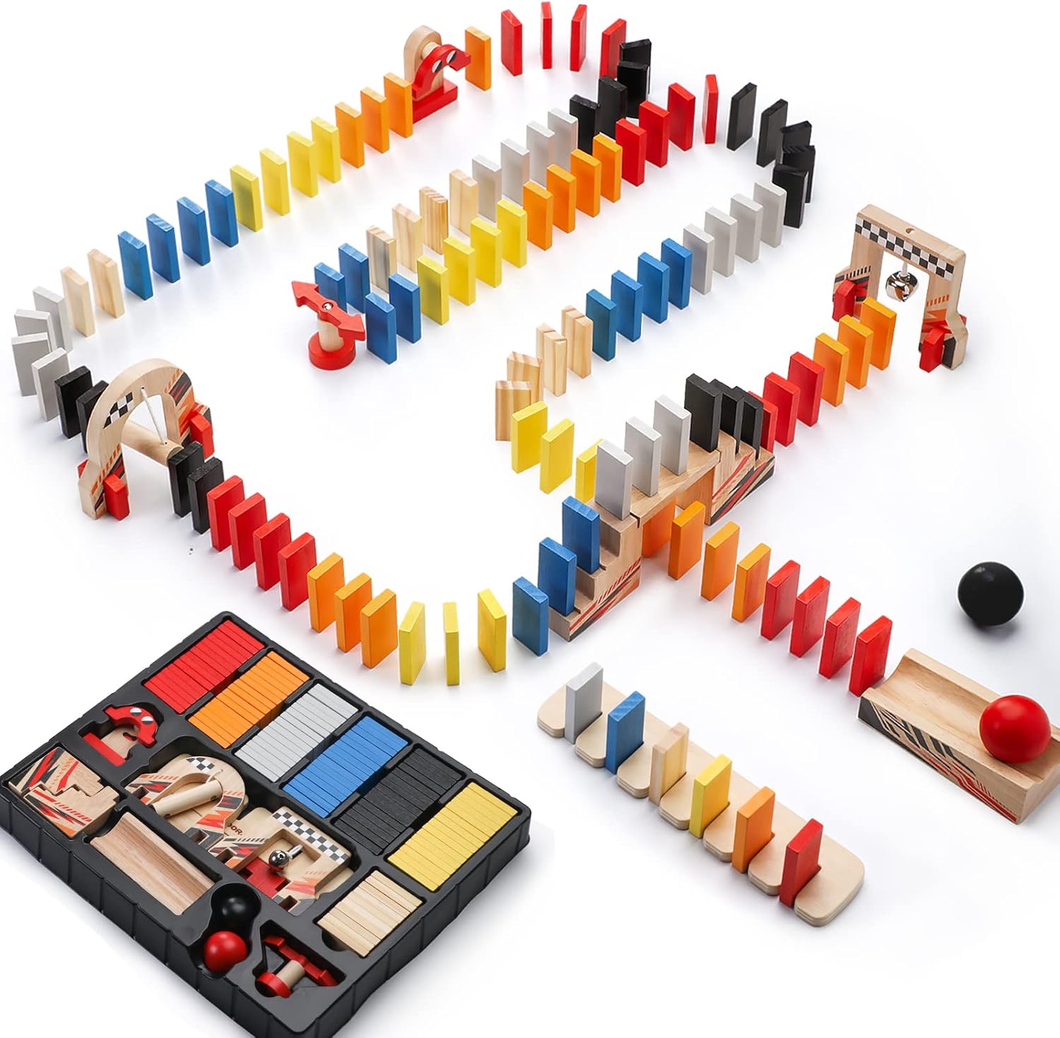 Dorjee Domino Rally Game Set, 115pcs Wooden Dominoes with Machines for Kids Age 4-8, Bulk Dominoes Racing Tile Games with Storage Tray and Bags
