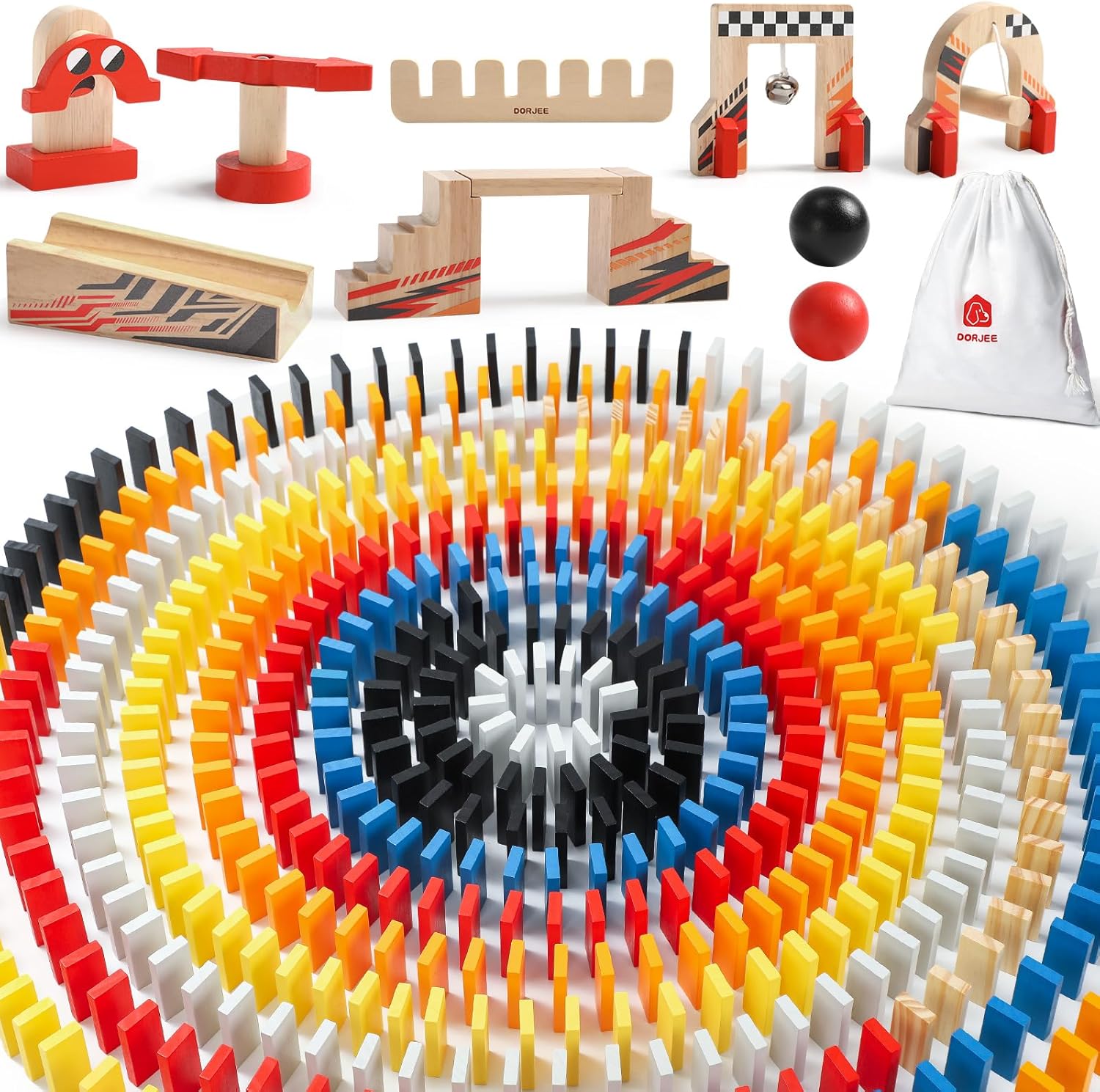 Dorjee Domino Rally Game Set, 115pcs Wooden Dominoes with Machines for Kids Age 4-8, Bulk Dominoes Racing Tile Games with Storage Tray and Bags