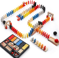 Dorjee Domino Rally Game Set, 115pcs Wooden Dominoes with Machines for Kids Age 4-8, Bulk Dominoes Racing Tile Games with Storage Tray and Bags