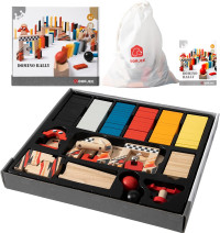 Dorjee Domino Rally Game Set, 115pcs Wooden Dominoes with Machines for Kids Age 4-8, Bulk Dominoes Racing Tile Games with Storage Tray and Bags