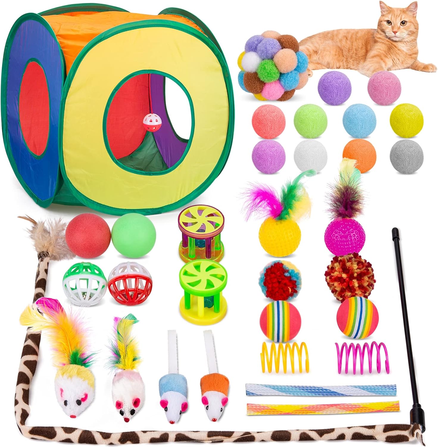 Retro Shaw Cat Toys Bundle 33 Pack, Interactive Kitten Toys for Indoor Cats Kitty with Collapsible Play Tunnel Tube Tent Feather Wand Teaser Bell Fuzzy Ball Springs Mouse Toy For cats less 12lbs