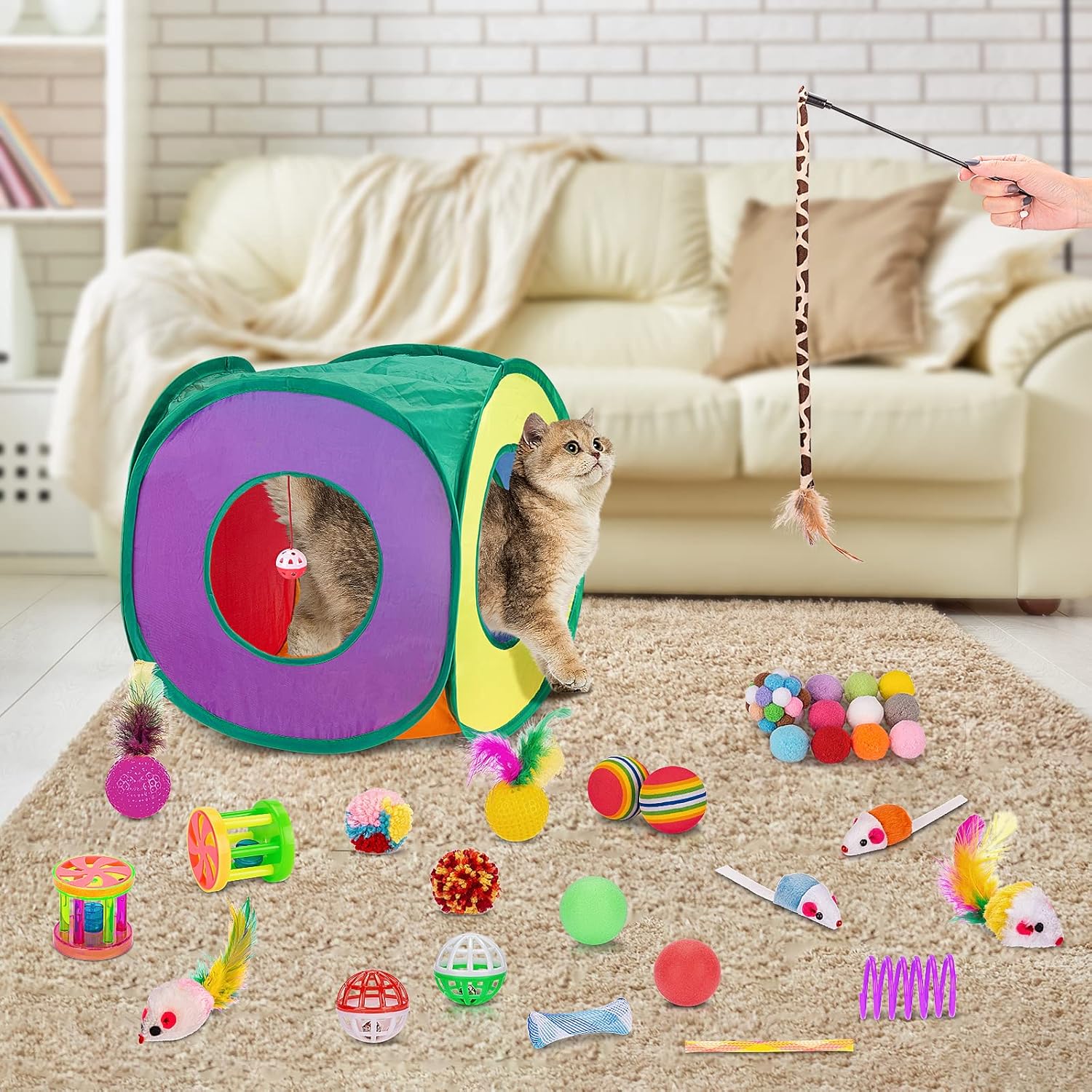 Retro Shaw Cat Toys Bundle 33 Pack, Interactive Kitten Toys for Indoor Cats Kitty with Collapsible Play Tunnel Tube Tent Feather Wand Teaser Bell Fuzzy Ball Springs Mouse Toy For cats less 12lbs
