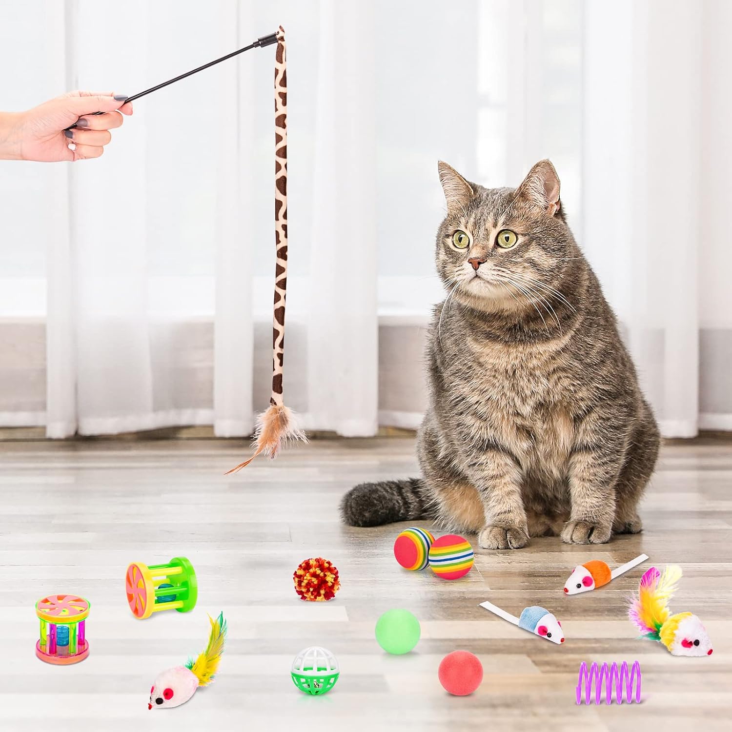 Retro Shaw Cat Toys Bundle 33 Pack, Interactive Kitten Toys for Indoor Cats Kitty with Collapsible Play Tunnel Tube Tent Feather Wand Teaser Bell Fuzzy Ball Springs Mouse Toy For cats less 12lbs