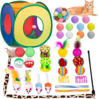 Retro Shaw Cat Toys Bundle 33 Pack, Interactive Kitten Toys for Indoor Cats Kitty with Collapsible Play Tunnel Tube Tent Feather Wand Teaser Bell Fuzzy Ball Springs Mouse Toy For cats less 12lbs