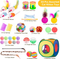 Retro Shaw Cat Toys Bundle 33 Pack, Interactive Kitten Toys for Indoor Cats Kitty with Collapsible Play Tunnel Tube Tent Feather Wand Teaser Bell Fuzzy Ball Springs Mouse Toy For cats less 12lbs