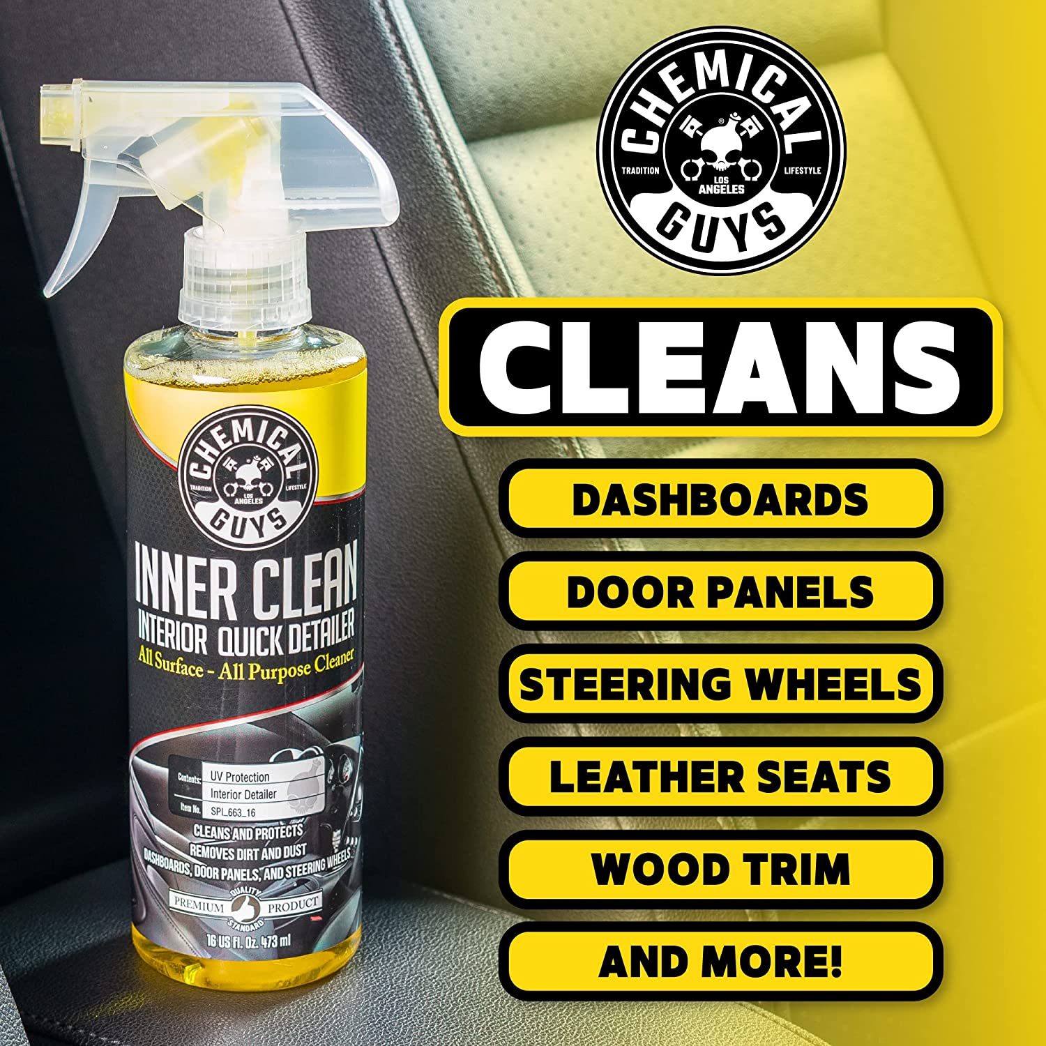 Chemical Guys SPI_663_16 InnerClean Interior Quick Detailer and Protectant (16 oz) , yellow InnerClean 16 oz