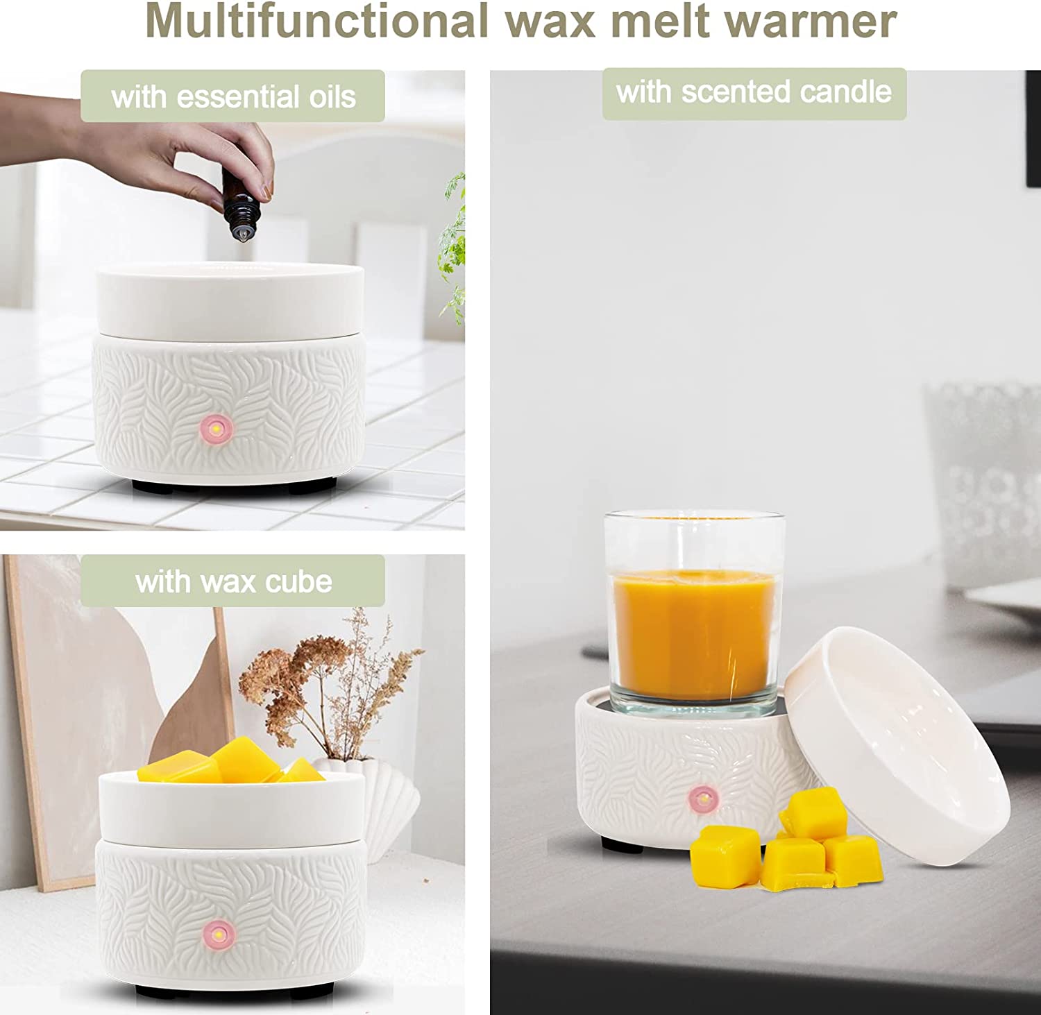 Wax Melts Candle Warmer Burner - Ceramic Fragrance Wax Warmer 3-in-1 Essential Oil Burner Electric Scented Fragrance Candle Melter for Scented Wax Tart Cube Aromatherapy Home Office Bedroom Gifts A-Leaf