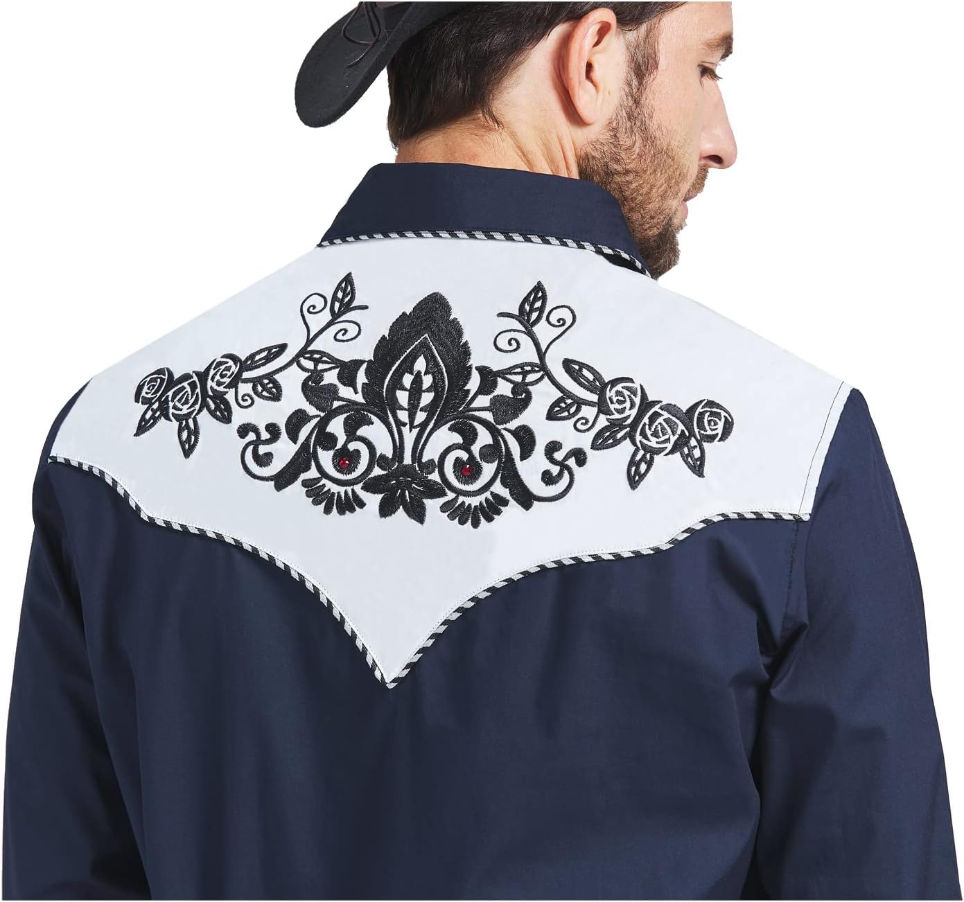JoZorro Men's Long Sleeve Pearl Snap Shirt Rhinestone Cowboy Cut Western Embroidered Casual Button Down Shirt XX-Large Navy Blue With Rhinestone