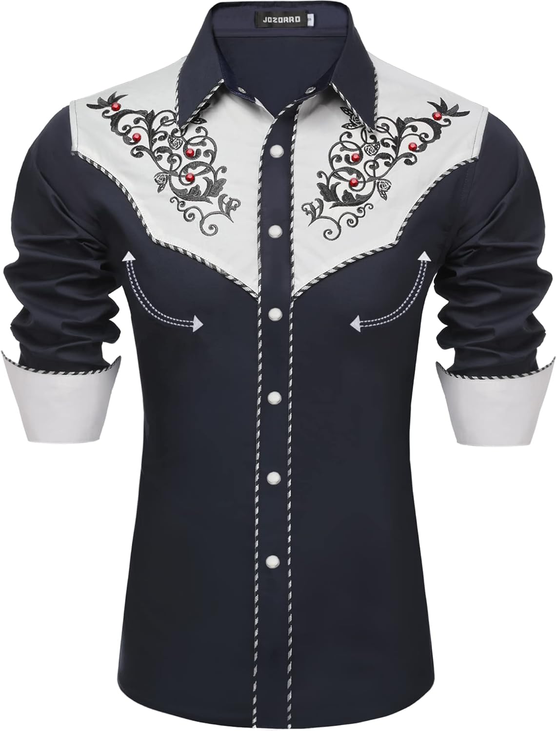 JoZorro Men's Long Sleeve Pearl Snap Shirt Rhinestone Cowboy Cut Western Embroidered Casual Button Down Shirt XX-Large Navy Blue With Rhinestone