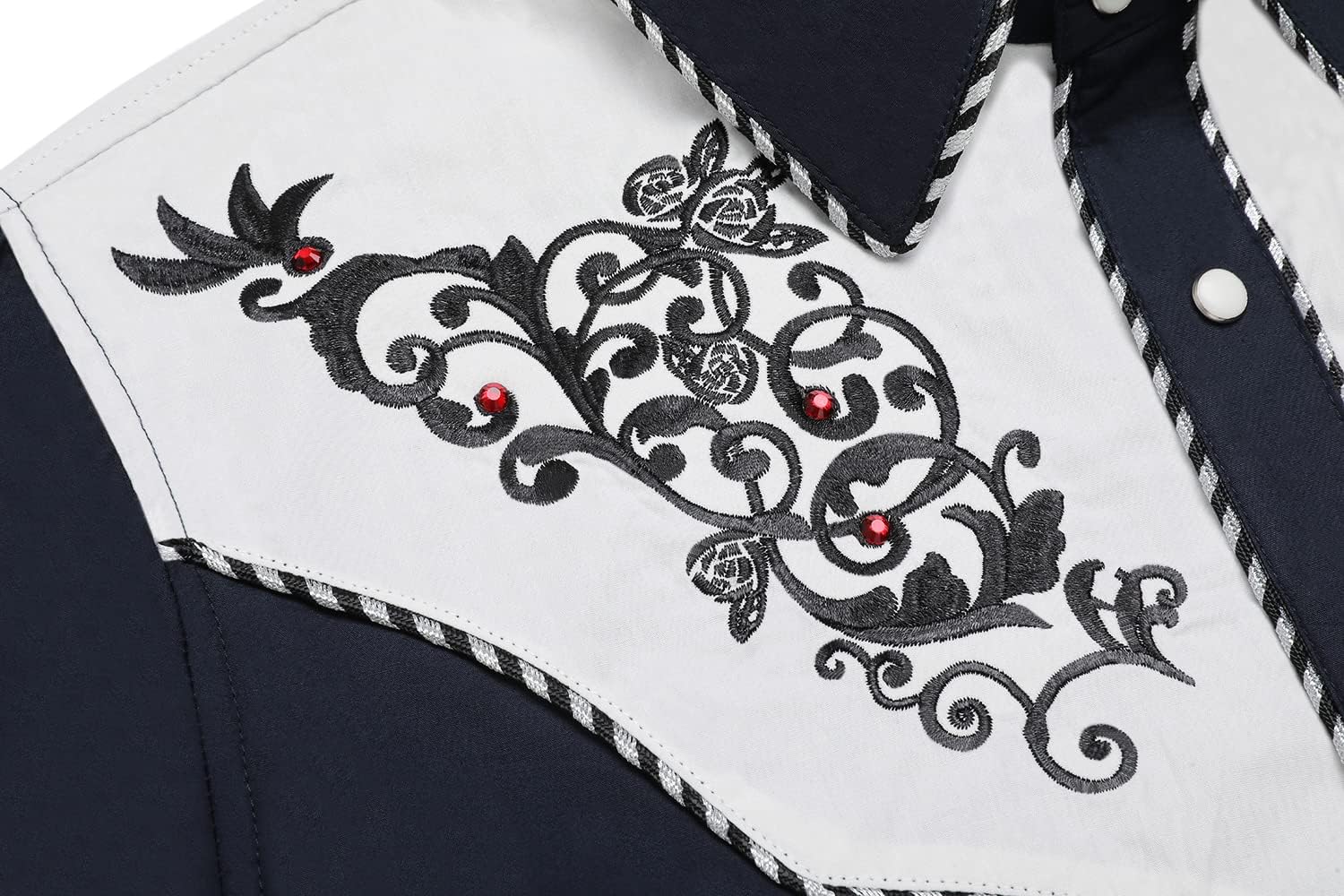 JoZorro Men's Long Sleeve Pearl Snap Shirt Rhinestone Cowboy Cut Western Embroidered Casual Button Down Shirt XX-Large Navy Blue With Rhinestone
