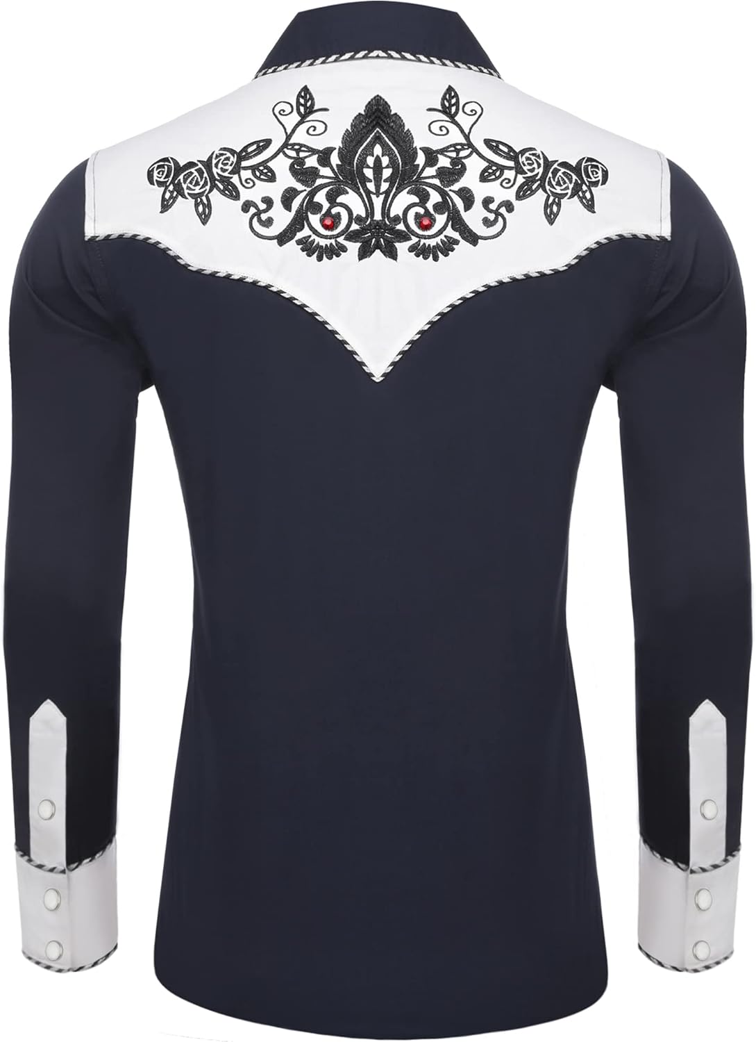 JoZorro Men's Long Sleeve Pearl Snap Shirt Rhinestone Cowboy Cut Western Embroidered Casual Button Down Shirt XX-Large Navy Blue With Rhinestone