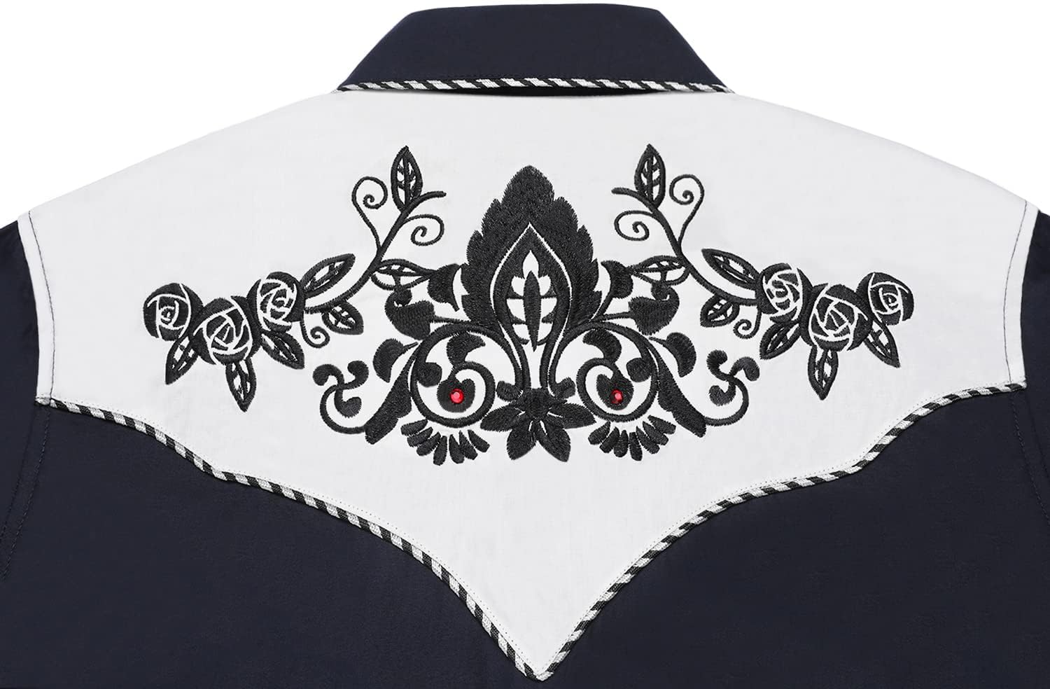 JoZorro Men's Long Sleeve Pearl Snap Shirt Rhinestone Cowboy Cut Western Embroidered Casual Button Down Shirt XX-Large Navy Blue With Rhinestone