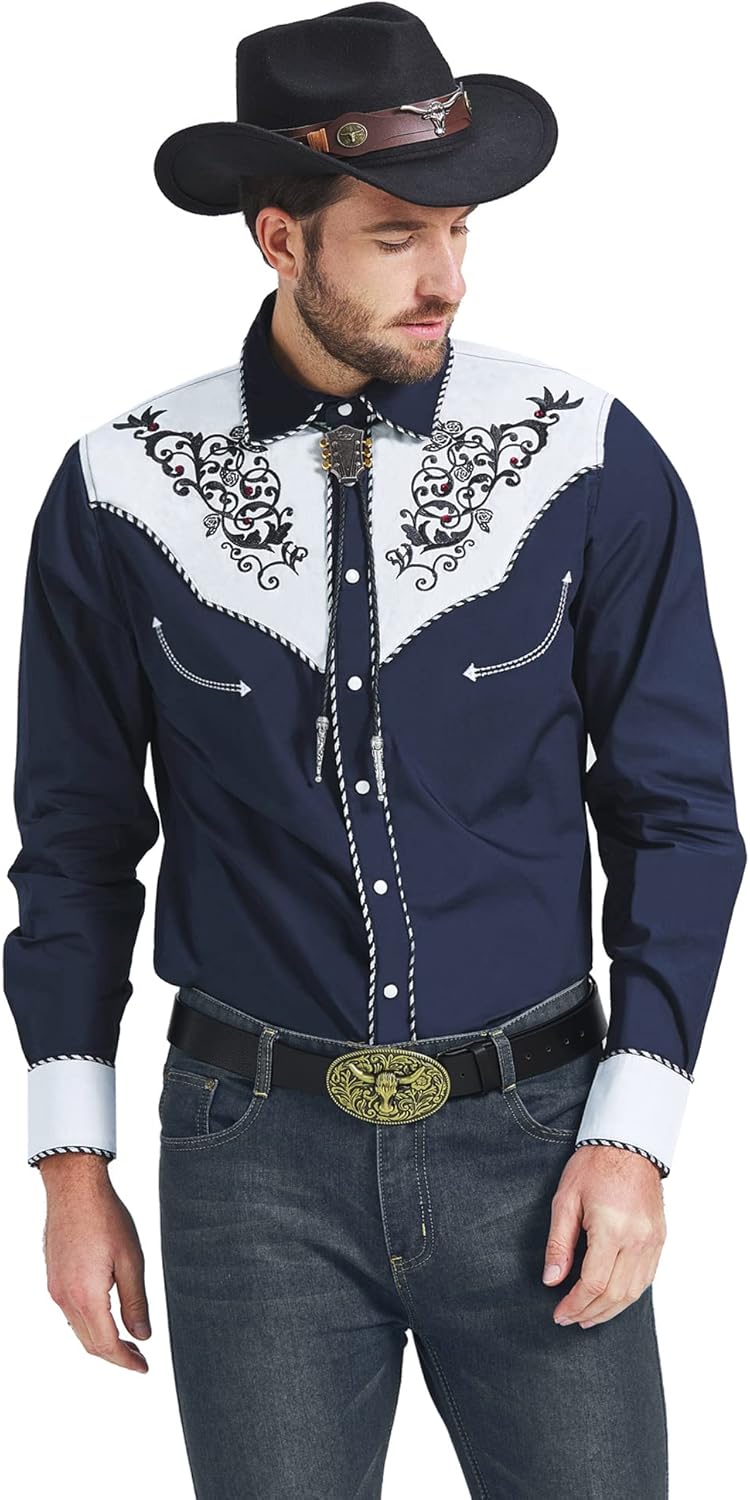 JoZorro Men's Long Sleeve Pearl Snap Shirt Rhinestone Cowboy Cut Western Embroidered Casual Button Down Shirt XX-Large Navy Blue With Rhinestone