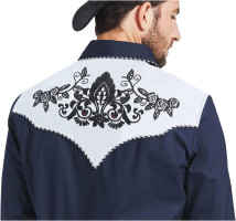 JoZorro Men's Long Sleeve Pearl Snap Shirt Rhinestone Cowboy Cut Western Embroidered Casual Button Down Shirt XX-Large Navy Blue With Rhinestone