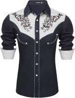 JoZorro Men's Long Sleeve Pearl Snap Shirt Rhinestone Cowboy Cut Western Embroidered Casual Button Down Shirt XX-Large Navy Blue With Rhinestone