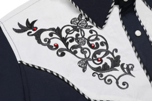 JoZorro Men's Long Sleeve Pearl Snap Shirt Rhinestone Cowboy Cut Western Embroidered Casual Button Down Shirt XX-Large Navy Blue With Rhinestone